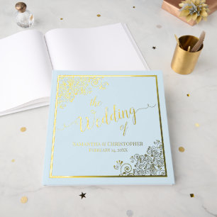 Elegant Calligraphy Light Blue & Gold Foil Wedding Guest Book