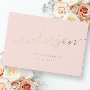 Elegant calligraphy light pink wedding real foil guest book