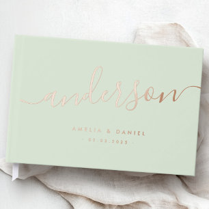 Elegant calligraphy light sage green wedding real guest book