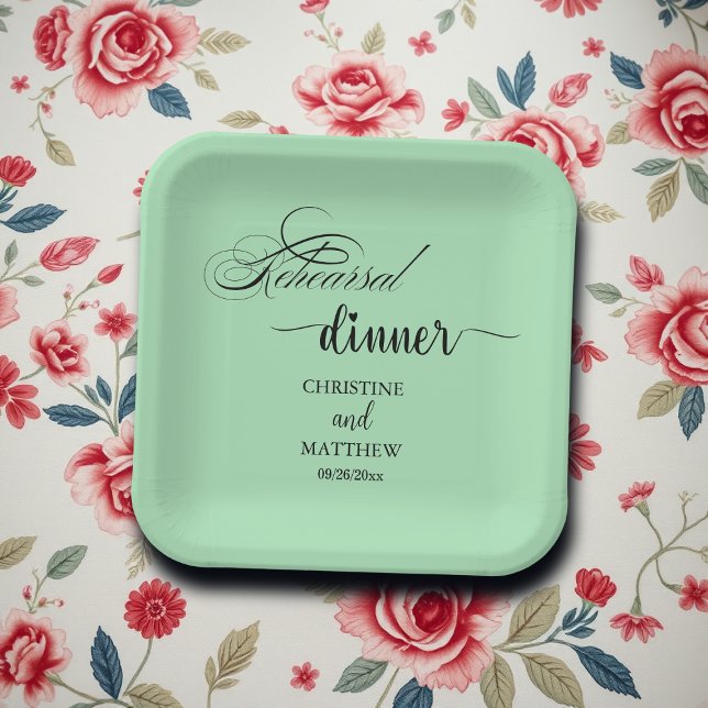 Elegant Calligraphy Light Teal Rehearsal Dinner Paper Plate (Creator Uploaded)