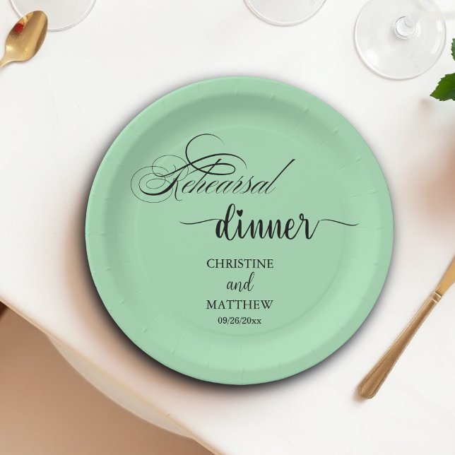 Elegant Calligraphy Light Teal Rehearsal Dinner Paper Plate (Creator Uploaded)