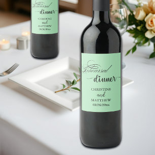 Elegant Calligraphy Light Teal Rehearsal Dinner Wine Label
