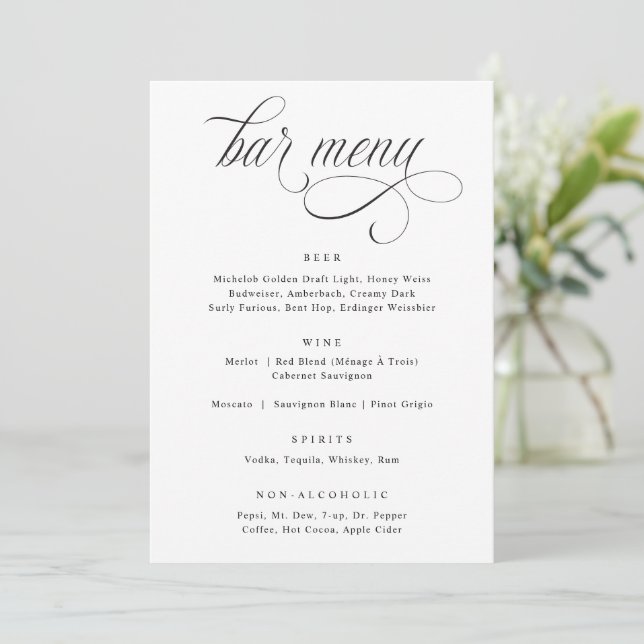 Elegant Calligraphy Luxury Wedding Bar Menu (Standing Front)
