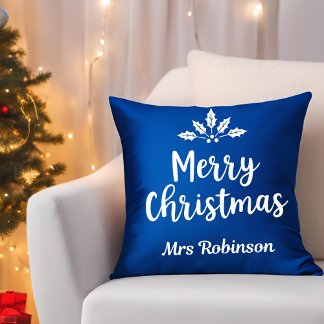 Elegant Calligraphy Merry Christmas Blue Custom Cushion