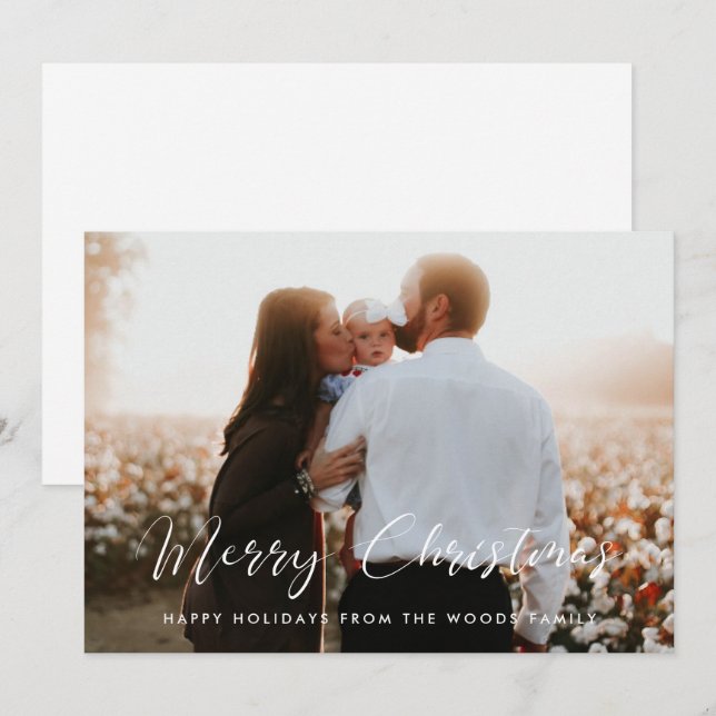 Elegant calligraphy Merry Christmas family photo Holiday Card (Front/Back)