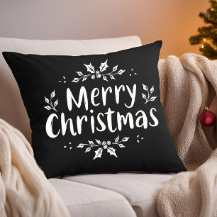 Elegant Calligraphy Merry Christmas Holly Berries Cushion