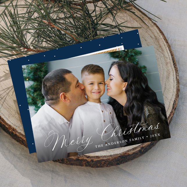 Elegant Calligraphy Merry Christmas Navy 2 Photo Holiday Card (Creator Uploaded)