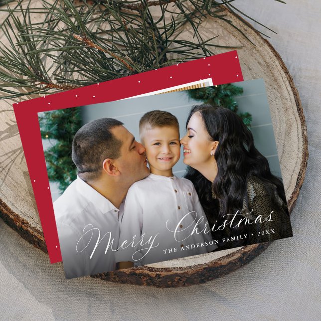 Elegant Calligraphy Merry Christmas Red 2 Photo Holiday Card (Creator Uploaded)