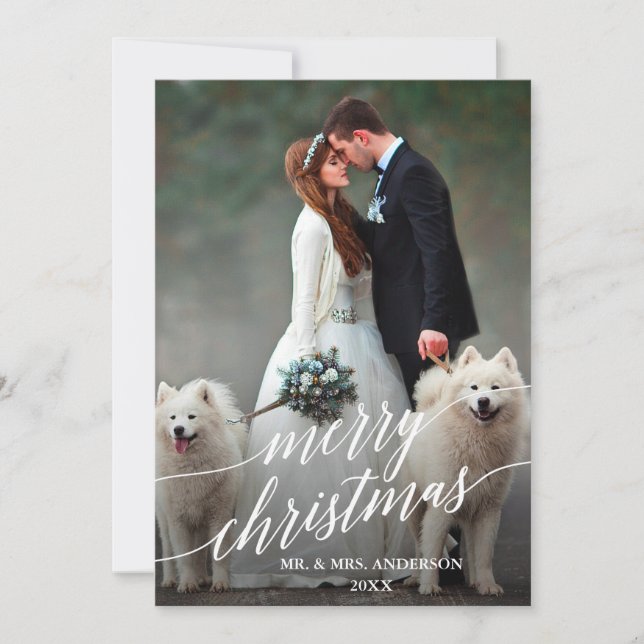 Elegant Calligraphy Merry Christmas Wedding Photo Holiday Card (Front)