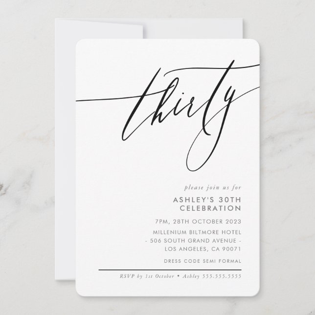 ELEGANT Calligraphy minimal 30th party black Invitation (Front)