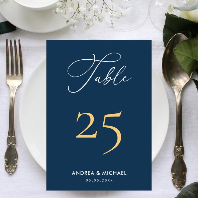 Elegant Calligraphy Minimal Navy Gold Blue Wedding Table Number (Creator Uploaded)