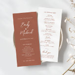 Elegant Calligraphy Minimal Wedding Program Invitation<br><div class="desc">Our slim burnt orange wedding program card is perfect for your minimalist wedding celebration this fall. A beautiful white calligraphy font paired with simple and clean text sits on a burnt orange background to the front of the card. The white reverse has tonal terracotta text, creating an elevated look to...</div>