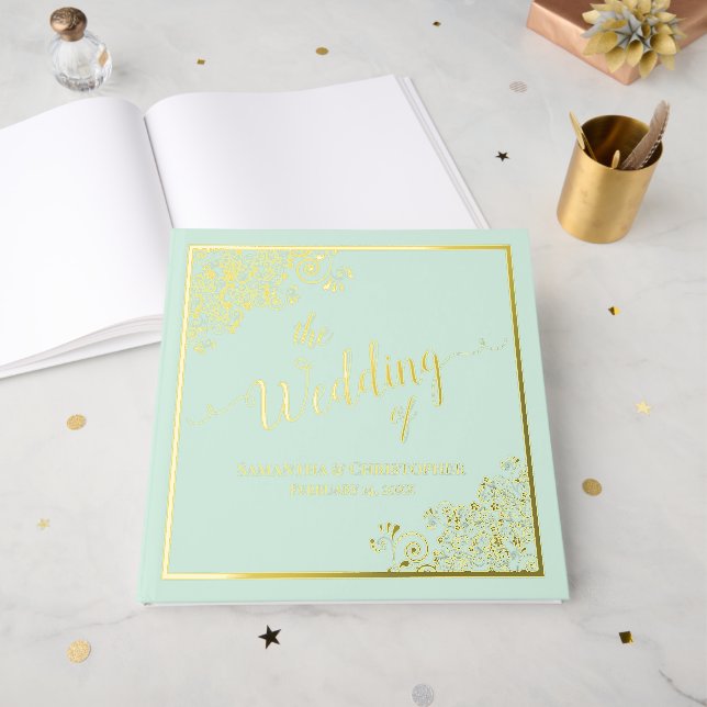 Elegant Calligraphy Mint Green & Gold Foil Wedding Guest Book (Front Open)