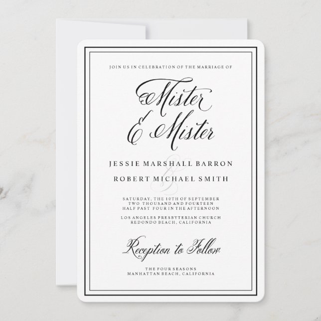 Elegant Calligraphy Mister and Mister Gay Wedding Invitation (Front)