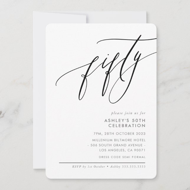 ELEGANT Calligraphy modern 50th party black Invitation (Front)