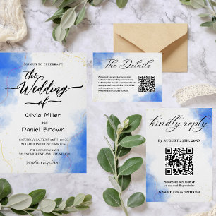 Elegant Calligraphy Modern Blue Watercolor Wedding Invitation