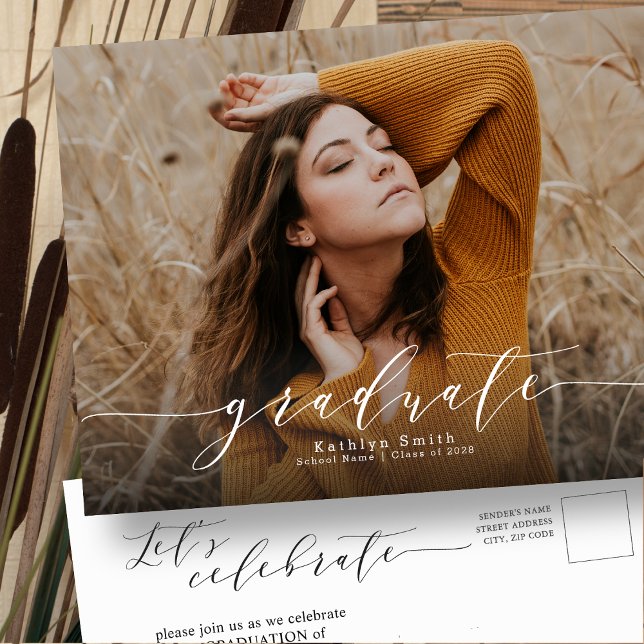 Elegant Calligraphy Modern Chic Photo Graduation Invitation Postcard (Creator Uploaded)