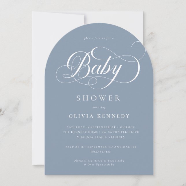 Elegant Calligraphy Modern Script Blue Baby Shower Invitation (Front)