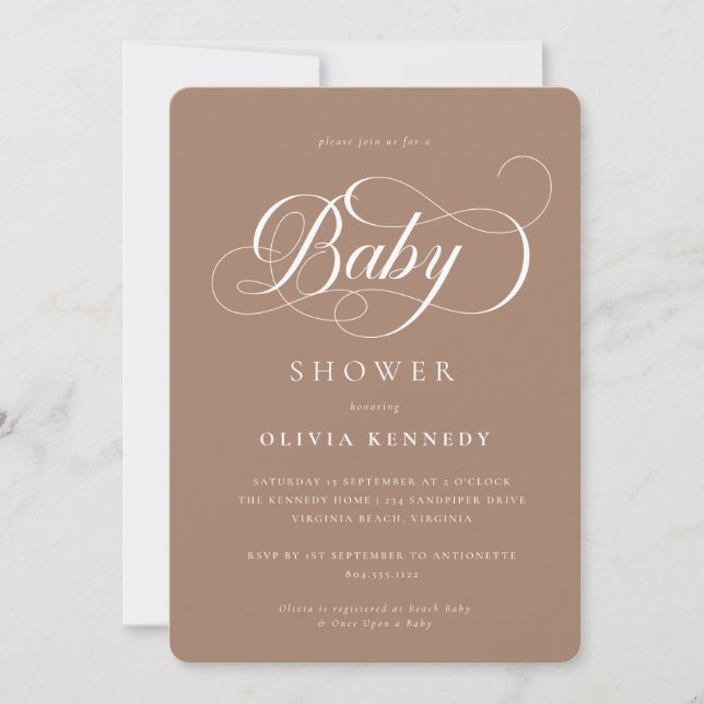 Elegant Calligraphy Modern Script Mocha Invitation (Front)