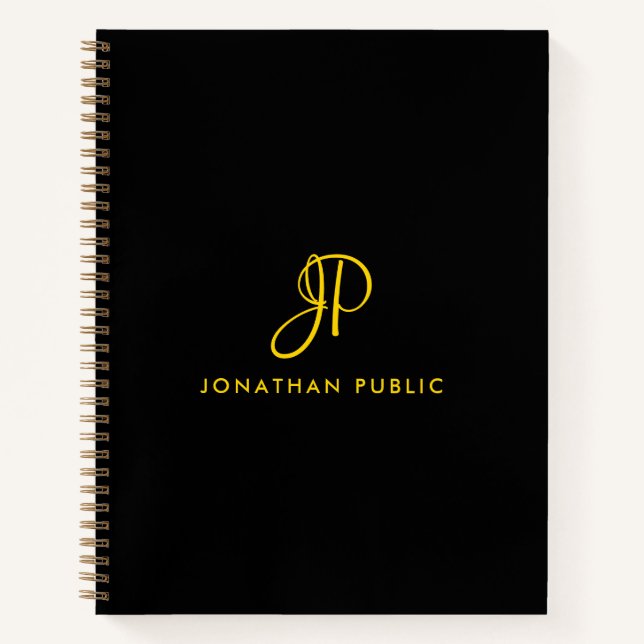 Elegant Calligraphy Monogram Gold & Black Spiral Notebook (Front)