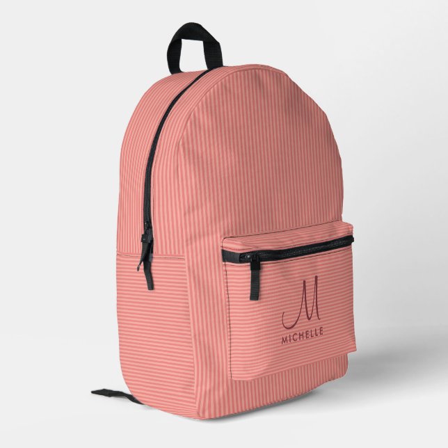 Elegant Calligraphy Monogram Name Peach Stripes Printed Backpack (Back Corner Left)