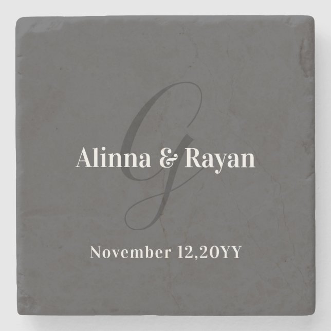 Elegant Calligraphy Monogram Wedding Stone Design Coaster (Front)