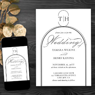 Elegant Calligraphy Monogrammed White Wedding Invitation
