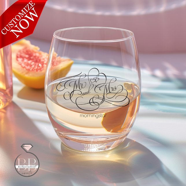 Elegant Calligraphy Mr and Mrs Typography  Stemless Wine Glass (Easy to Customize )