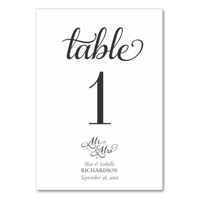 Elegant Calligraphy Mr and Mrs Wedding Table Number (Front)