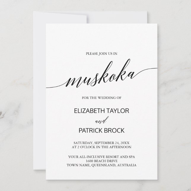 Elegant Calligraphy Muskoka Destination Wedding Invitation (Front)