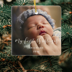 Elegant calligraphy My First Christmas baby photo Ceramic Ornament