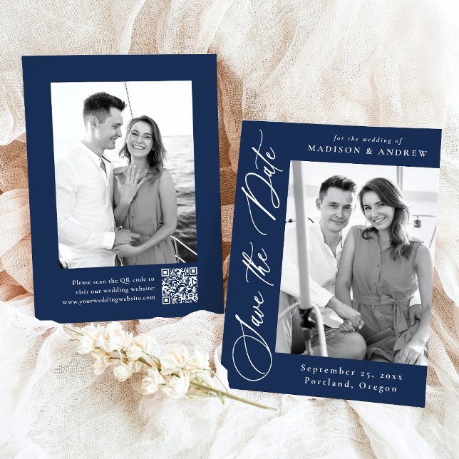 Elegant Calligraphy Navy 2 Photo QR Code Wedding Save The Date (Creator Uploaded)