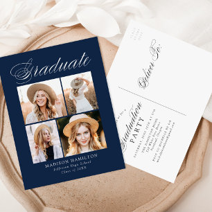 Elegant Calligraphy Navy 4 Photo Graduation Party Invitation Postcard