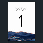 elegant calligraphy navy blue and rose gold agate table number<br><div class="desc">watercolor navy blue and rose gold watercolor agate. Table number card with modern calligraphy.</div>