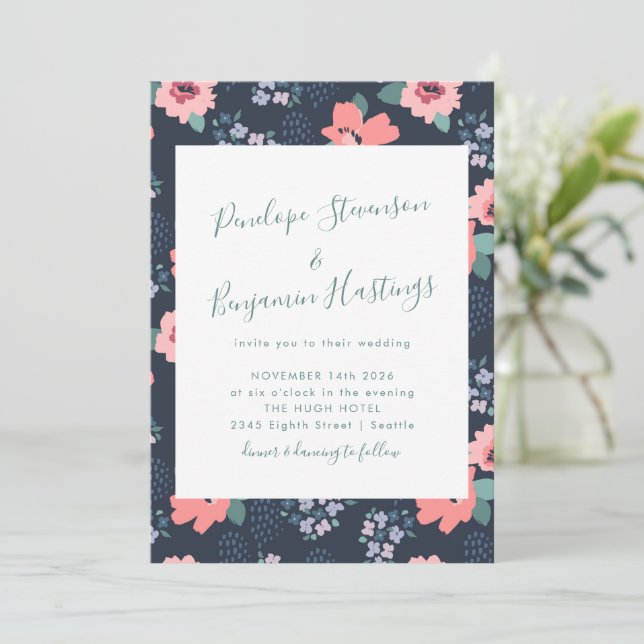 Elegant Calligraphy Navy Blue Floral Wedding Invitation (Standing Front)