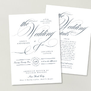 Elegant Calligraphy Navy Blue Wedding Details Back Invitation