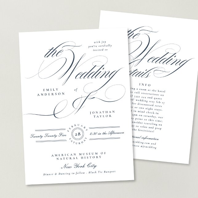 Elegant Calligraphy Navy Blue Wedding Details Back Invitation (Creator Uploaded)