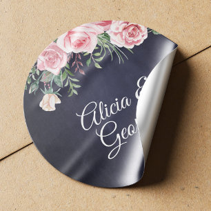 Elegant calligraphy navy blush floral wedding classic round sticker