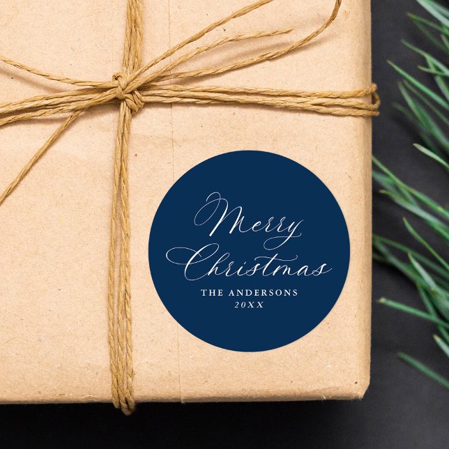 Elegant Calligraphy Navy Merry Christmas Classic Round Sticker (Creator Uploaded)