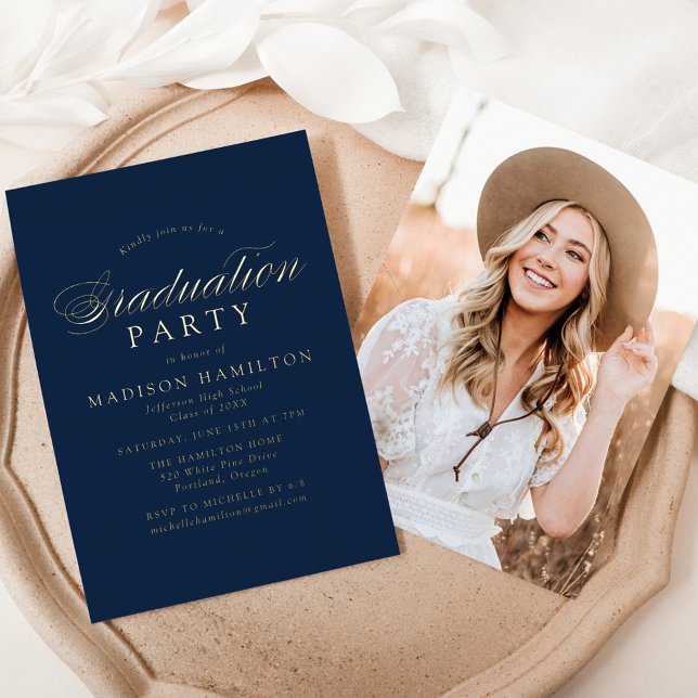 Elegant Calligraphy Navy Photo Graduation Party (Creator Uploaded)
