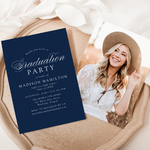 Elegant Calligraphy Navy Photo Graduation Party Invitation