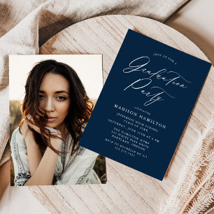 Elegant Calligraphy Navy Photo Graduation Party Invitation
