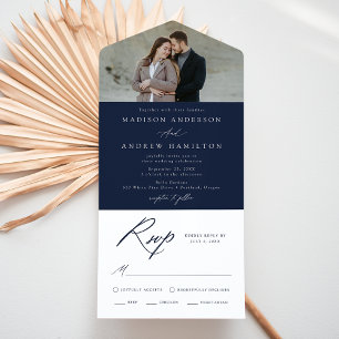 Elegant Calligraphy Navy Photo Wedding All In One Invitation