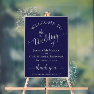 Elegant Calligraphy Navy & Silver Wedding Welcome Acrylic Sign
