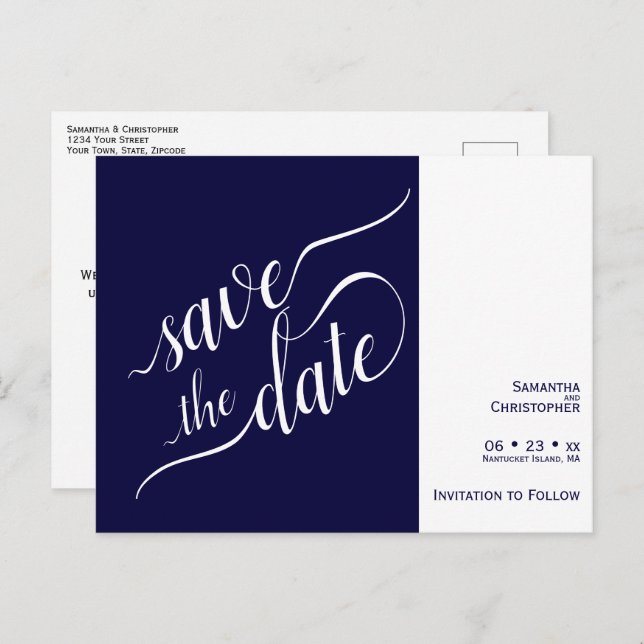 Elegant Calligraphy Navy Wedding Save the Date Announcement Postcard (Front/Back)