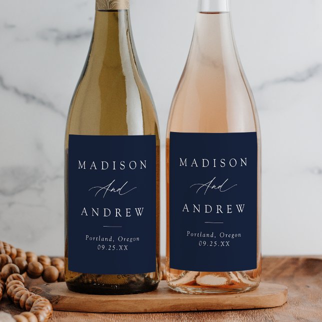 Elegant Calligraphy Navy Wedding Wine Label (Creator Uploaded)