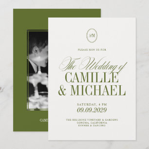 Elegant Calligraphy Olive Green Photo Wedding Invitation