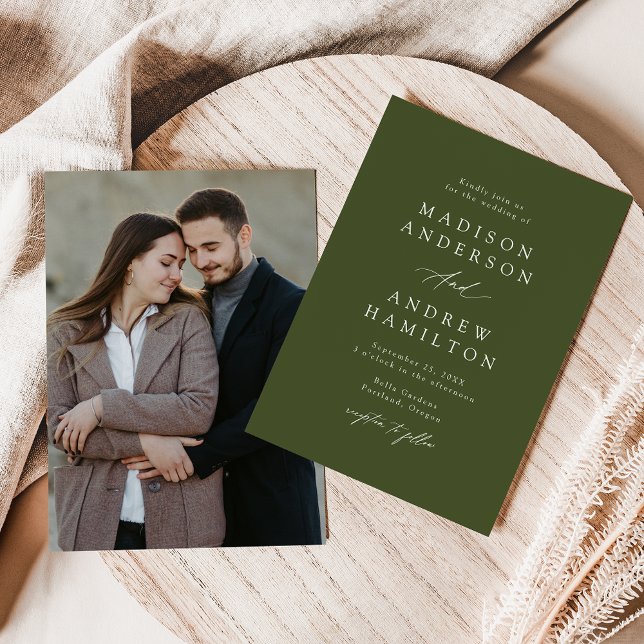 Elegant Calligraphy Olive Green Photo Wedding Invitation (Creator Uploaded)