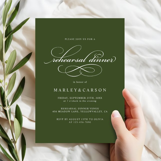 Elegant Calligraphy Olive Green Rehearsal Dinner Invitation (Creator Uploaded)
