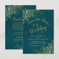 Elegant Calligraphy Ornate Teal and Gold Wedding